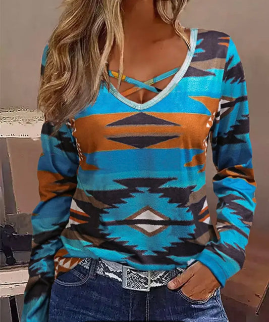 V Neck Long Sleeve Women Shirt