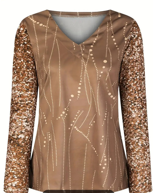 Sequin Print V Neck Shirt